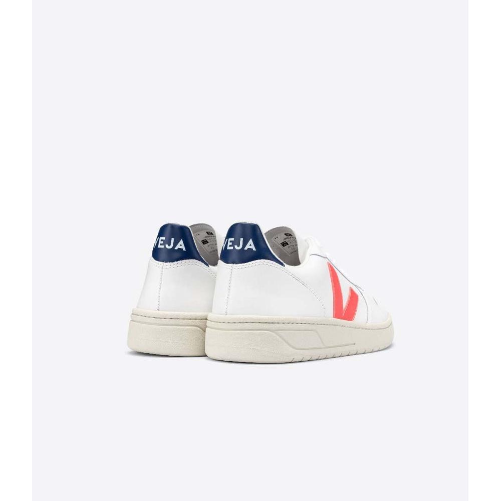 Veja V-10 LEATHER Women's Sneakers White/Orange/Blue | CA 646JPQ